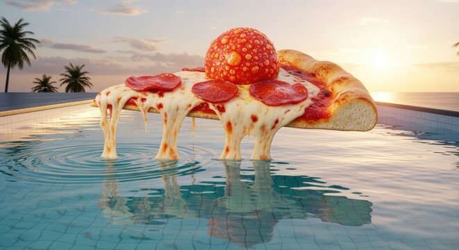 Surrealistic image of a floating pizza slice with melting cheese over a calm swimming pool water