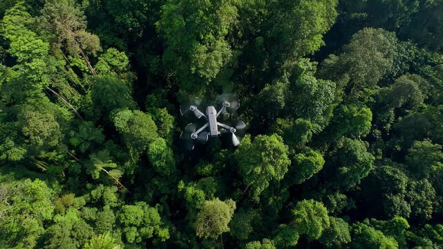 Medium shot of a drone hovering above a forest canopy monitoring wildlife movements and habitats for conservation efforts