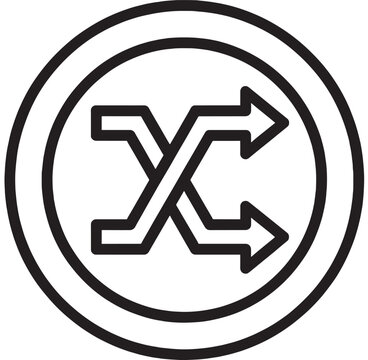 Shuffle icon in bold black outline showing crossed arrows in a circular badge, simple vector style for music player, playlist random mode, UI button and app navigation