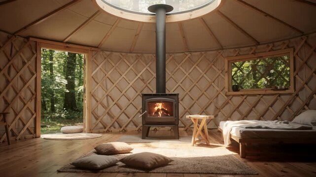 Peaceful yurt interior highlighted by central skylight modern woodburning stove in focus dense forest detail gently diffused in background.