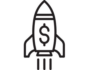 Fototapeta premium Rocket launch icon with dollar sign symbol, startup funding and investment concept in minimal black line style, isolated on white background for business finance