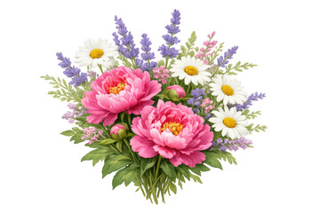Pink peonies, white daisies, and lavender creating a vibrant floral bouquet, celebrating spring and growth, transparent background
