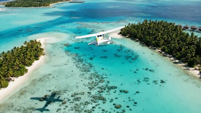 Aerial View of Seaplane Flying over Tropical Lagoon and Islands 4K