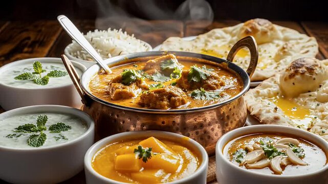 Assorted cooked dishes in bowls with flatbreads and rice on wooden table