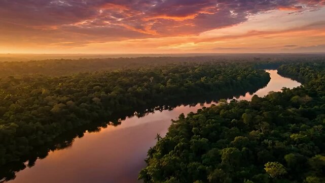 Amazon rainforest river at sunset with vibrant orange clouds and lush green canopy