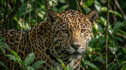 Obraz premium Majestic jaguar peeking through lush green jungle foliage, a powerful predator in its natural habitat