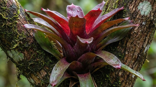 Vibrant bromeliad plant with water droplets growing on a mossy tree trunk