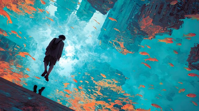 A surreal dreamscape with a person floating among coral-like structures and fish. The scene is bathed in an ethereal light