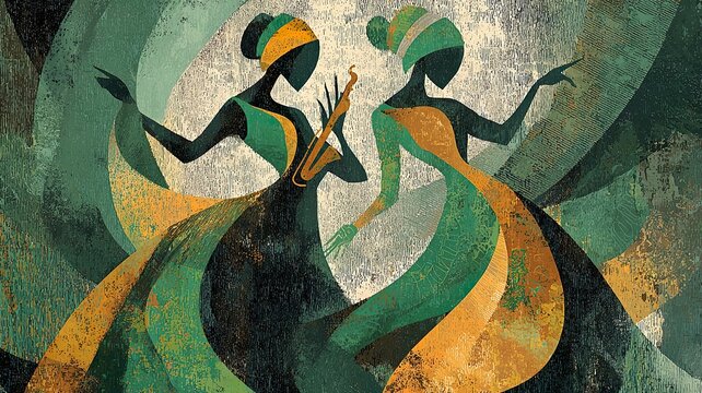 Two elegant female figures in flowing dresses dancing together, exuding grace and poise