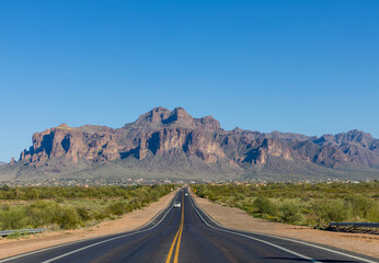 Scenic view of Superstition Mountains at the end of the road in Lost Dutchman State Park near Phoenix, Arizona