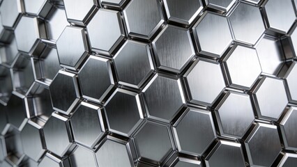 Fototapeta premium Metallic honeycomb texture in brushed silvers, repeating grid full-frame, industrial softbox lightin