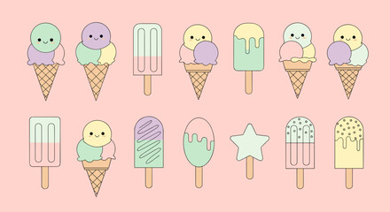 Colorful cartoon ice cream cones and popsicles on pink background