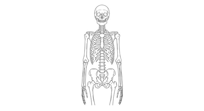 A detailed illustration of a human skeleton in a standing position