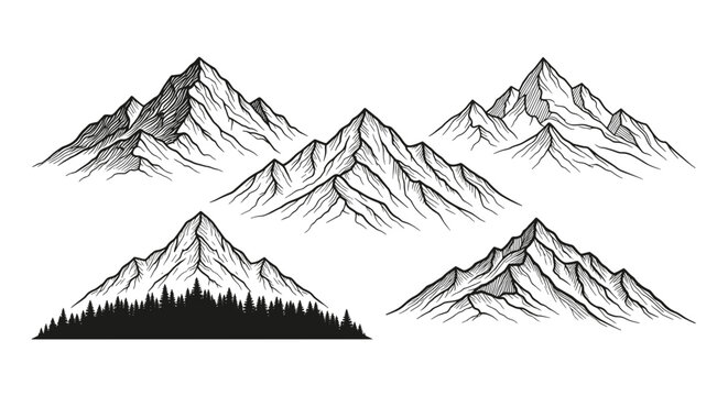 Black and white mountain range illustrations with trees on one side