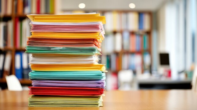Tall stack of colorful paper folders rests on a wooden surface in an office setting