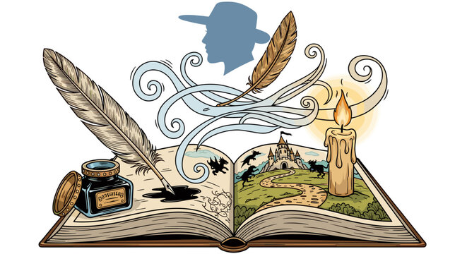 An open book with a castle and quill pens on a with a silhouette of a man