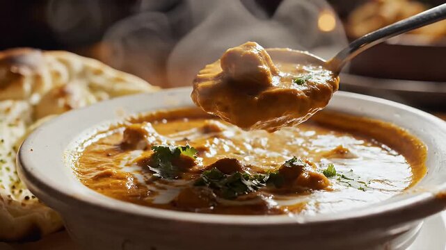 Close up of a steaming soup being served from a large metal ladle