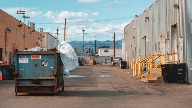 Industrial area featuring a medium shot of a large dumpster positioned beside factory buildings emphasizing streamlined garbage collection processes.
