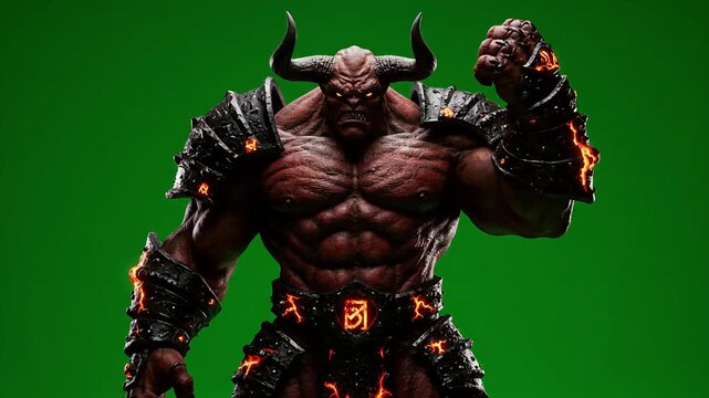 Massive Underworld Warrior with Glowing Volcanic Plating Isolated on Green Screen
