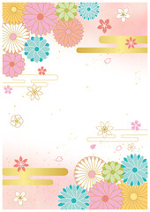 花の和柄と和紙背景