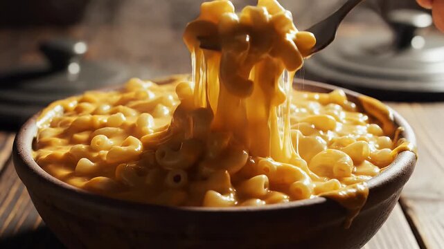 Close up of freshly cooked macaroni and cheese in a rustic bowl with a fork