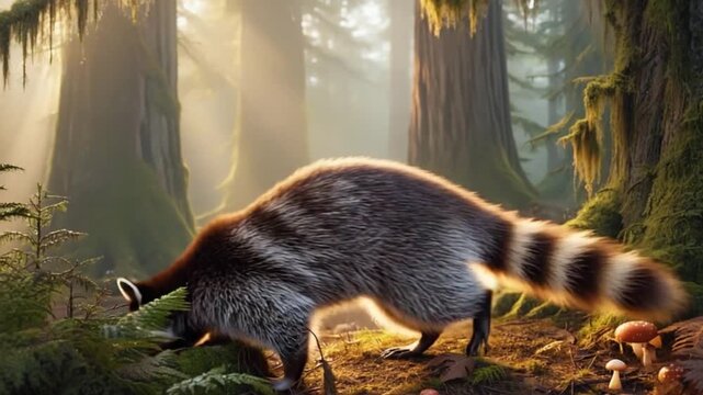 Curious raccoon exploring misty forest with mossy trees and mushrooms