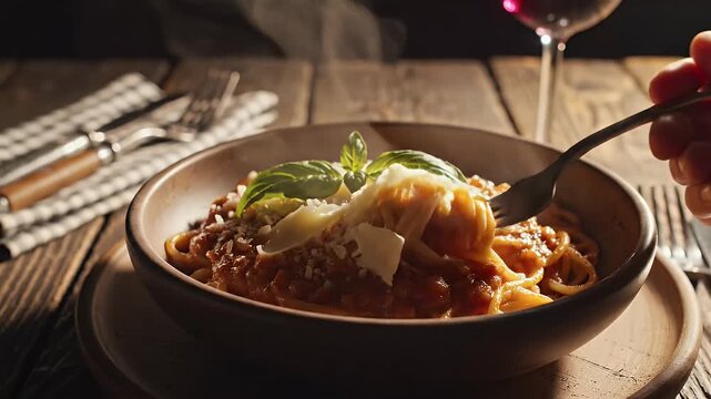 Close up of pasta dish with grated cheese and basil on rustic wooden surface