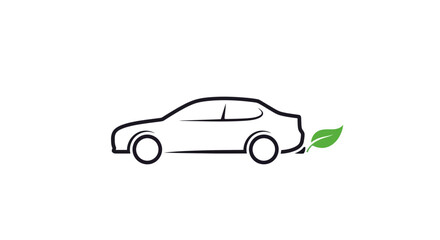 Simple line drawing of an eco-friendly electric car with a green leaf.