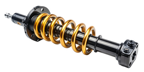 Detailed close-up of a high-performance coil-over shock absorber strut assembly with chrome and yellow spring coils isolated on a transparent background