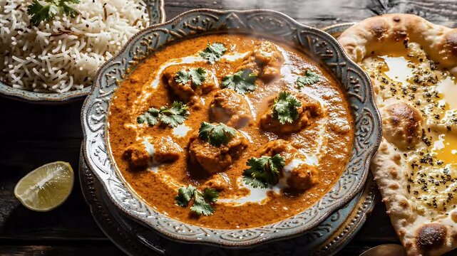 Delicious indian curry dish served with rice and flatbread on a rustic wooden table