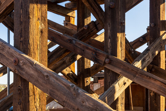 A wooden trestle bridge in Goldfield, later Youngsberg, a gold mining town, now a ghost town in Pinal County, Arizona.
