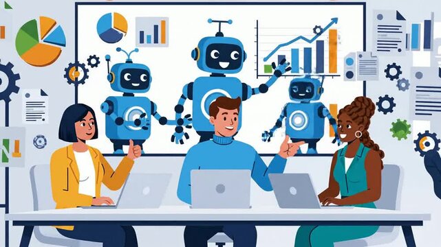 Futuristic Team Collaboration with Friendly A I Assistants in Office Environment Innovative Workplace Technology and Human- Machine Interaction