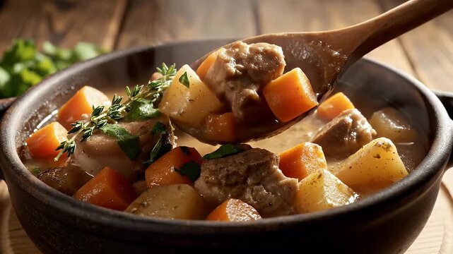 Hearty stew with vegetables and meat in ceramic bowl