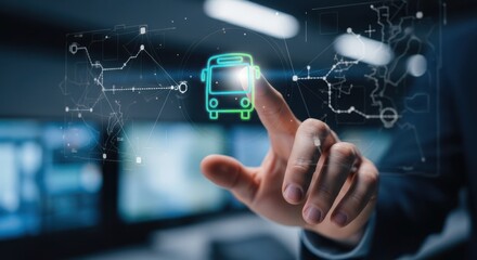 Fototapeta premium Professional hand pressing a virtual bus icon to manage public transport routes.