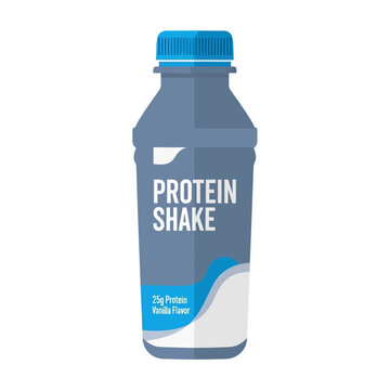 An illustration of a blue protein shake bottle with a blue cap on a white background.