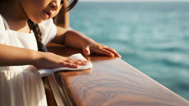 Close up of a young girl's hands wiping a wooden railing on a cruise ship deck for cleanliness concept and learning domestic responsibility