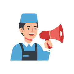 Fototapeta premium A smiling man wearing blue uniform and apron holding a red megaphone, announcing something.