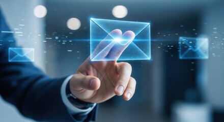 Fototapeta premium Close up of business hand touching a virtual email envelope to send important corporate communications and newsletters.