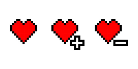 Fototapeta premium Pixel heart icons set, red 8-bit love symbols with plus and minus, retro like and unlike game UI icons, Vector illustration.
