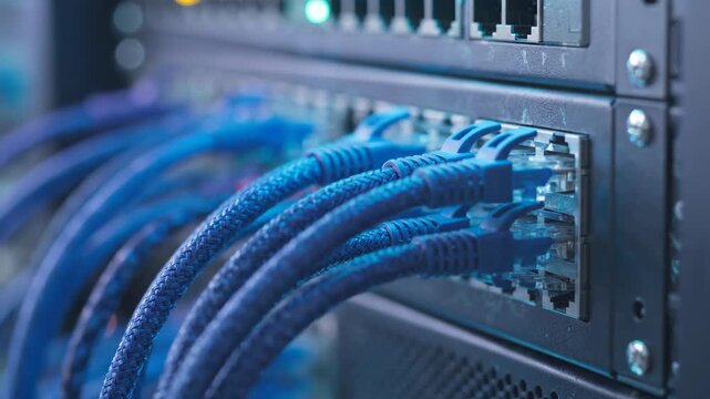 Macro Shot of Blue Braided Ethernet Cables Connected to Server Port 3D Render