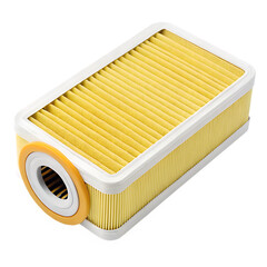 Rectangular yellow pleated air filter with white frame and orange gasket, transparent background isolated on a transparent background