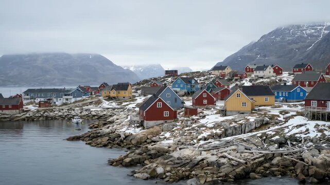 Nuuk Greenland Village with Colorful Houses on Rocky Coast and Snowy Mountains 4K