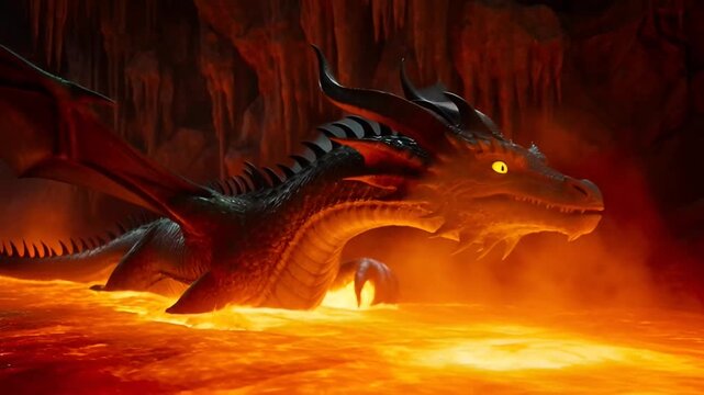 Large Mythical Dragon Emerging from Lava in Dark Cave