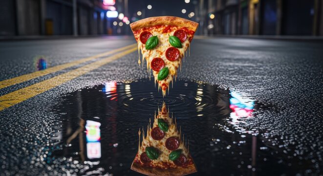 Creative composition of a pizza slice reflecting in a puddle on a dark urban street surface