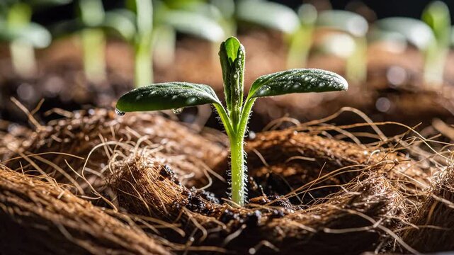 Young green seedling emerging from dark soil and coconut coir, closeup macro for gardening and agriculture growth themes, fresh hopeful mood for Earth Day
