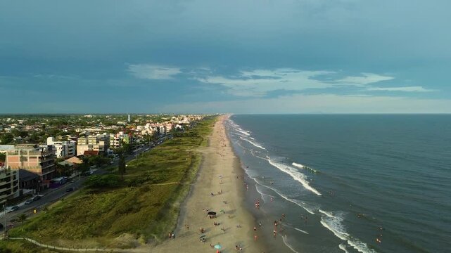 Aerial view of the beach and ocean in Matinhos, Brazil