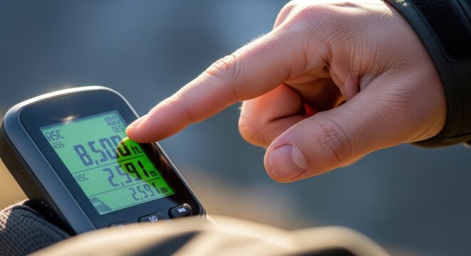 Close up of hand pointing at a digital altimeter to measure height and elevation.
