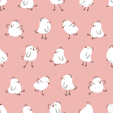 Cute chickens seanless pattern. Vector illustration with hand drawn doodle hens