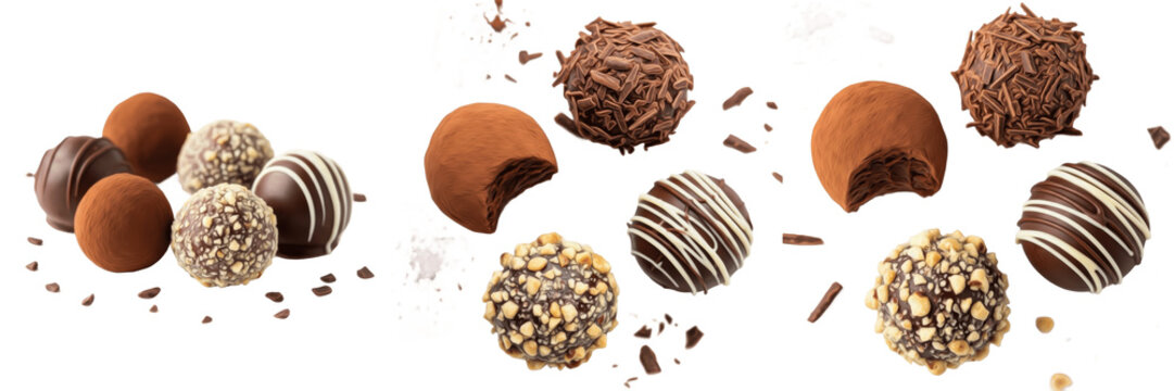 Chocolate truffles isolated on white background, dark and milk chocolate, チョコレートトリュフ, cocoa dessert, rich chocolate snack, sweet treat, bakery dessert, party chocolate snack, gourmet truffles