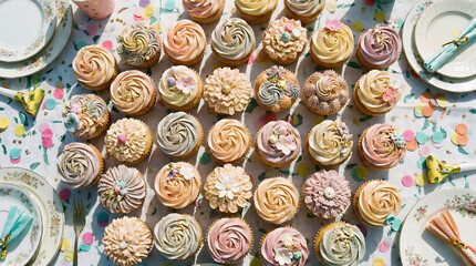 Fototapeta premium A delightful assortment of intricately decorated cupcakes arranged in a captivating display, perfect for any celebration.